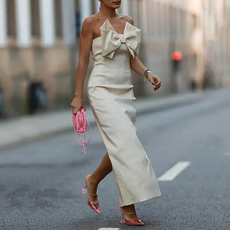 Bow Tube Top Low Slit Sheath Dress