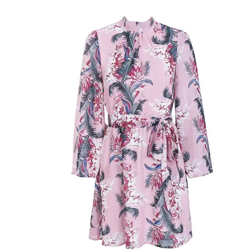 Backless Flare Sleeve Chiffon Printed Dress
