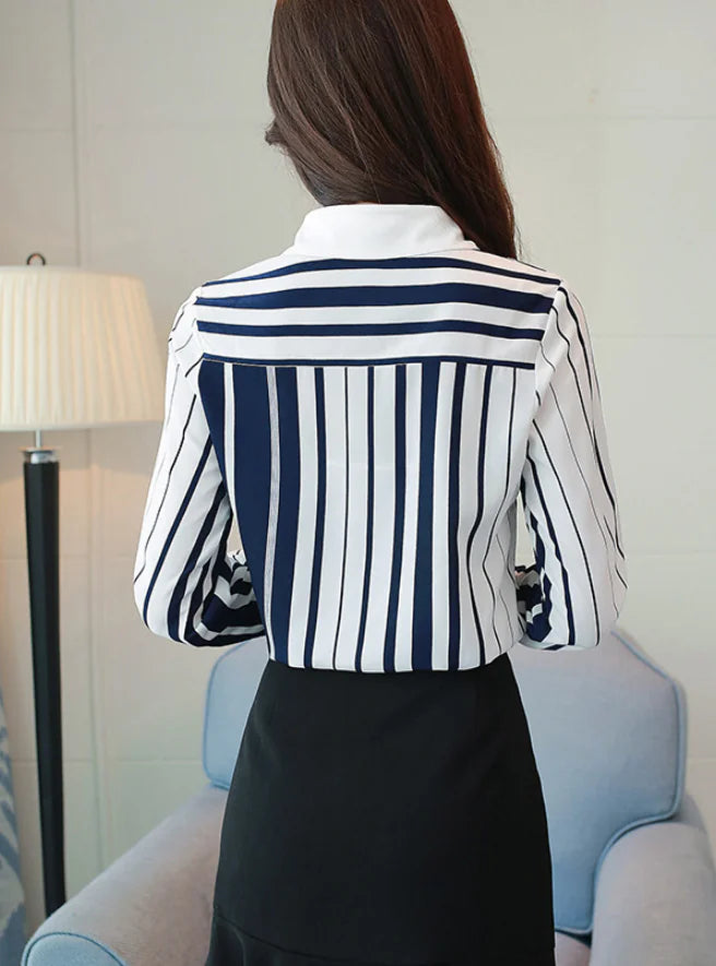 Striped Long Sleeve Chiffon Blouse for Women