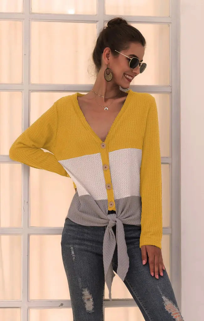 Three-Color V-Neck Button Knit Top