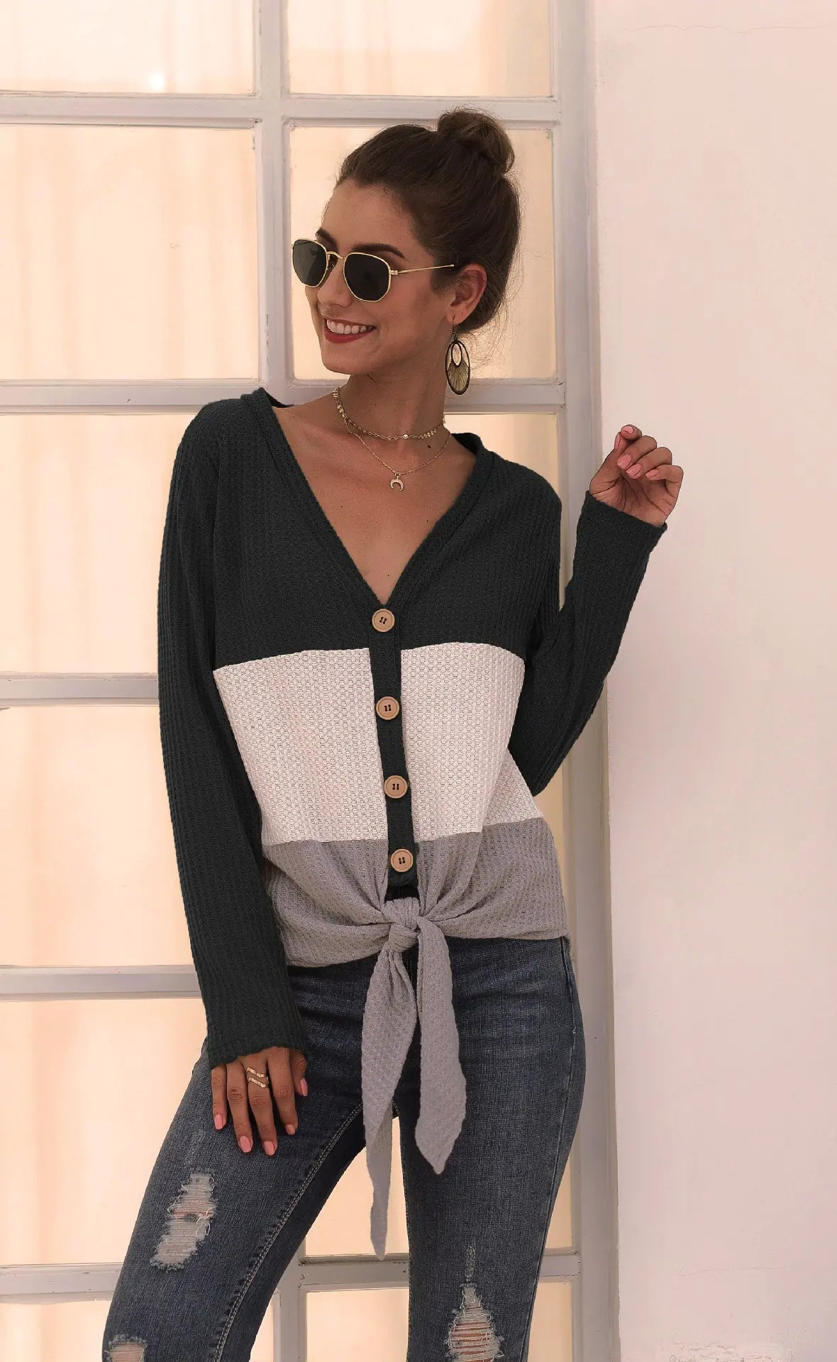 Three-Color V-Neck Button Knit Top
