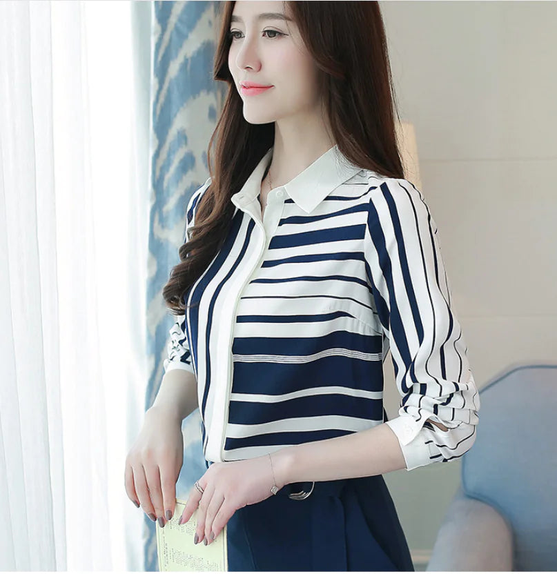 Striped Long Sleeve Chiffon Blouse for Women