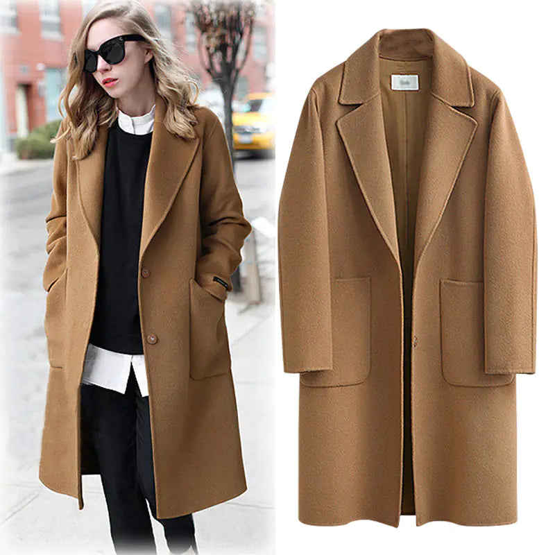 Woolen Mid-Length Women's Coat - Loose & Thick Design