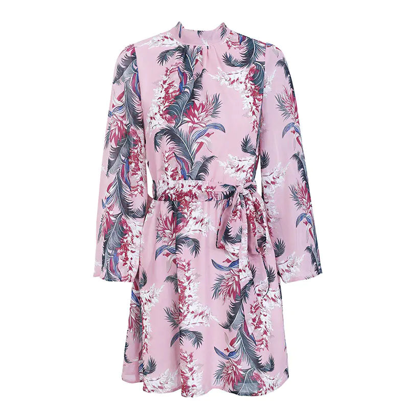 Backless Flare Sleeve Chiffon Printed Dress