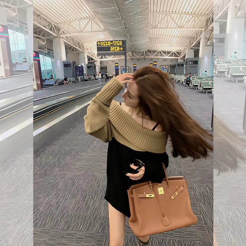 Khaki and Black Off-Shoulder Long Knit Sweater for Women