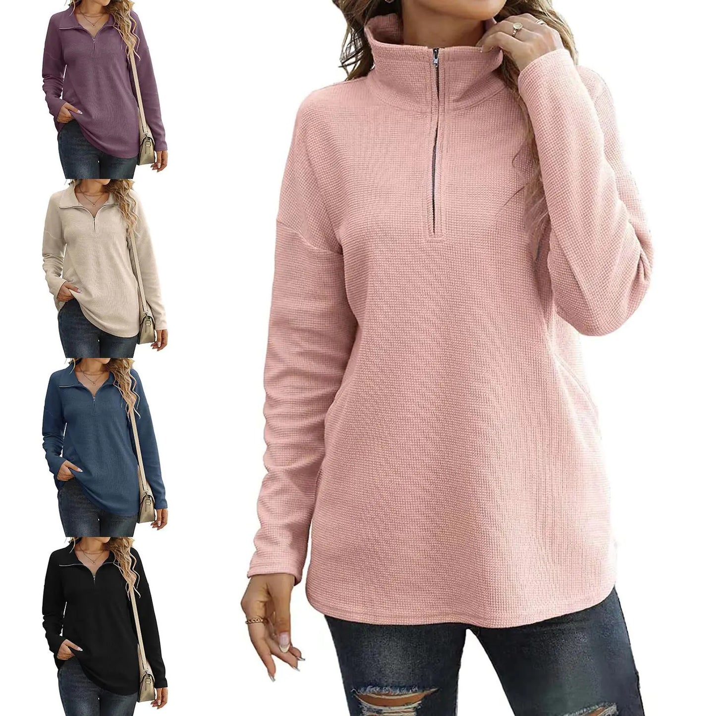 Women's Loose Long Sleeve Knitwear T-shirt with Pockets