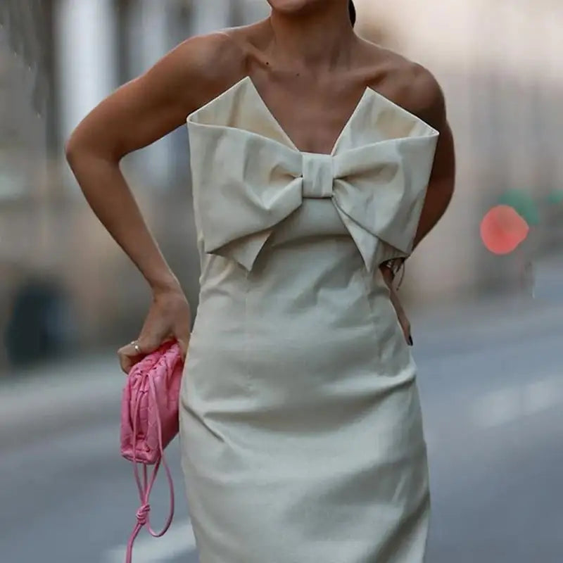 Bow Tube Top Low Slit Sheath Dress
