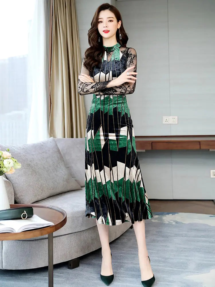 Velvet Midi Dress for Women - Chic Autumn Layering