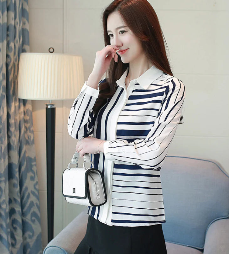 Striped Long Sleeve Chiffon Blouse for Women
