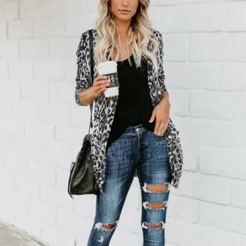 Loose Long Leopard Print Cardigan for Women