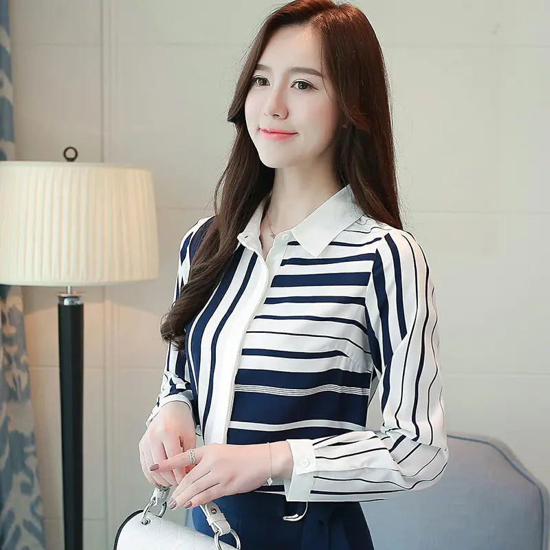 Striped Long Sleeve Chiffon Blouse for Women