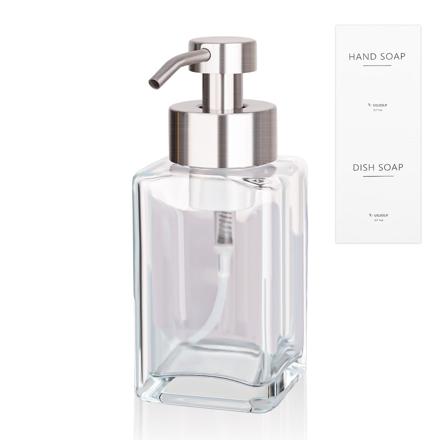 Foaming Soap Dispenser with Stainless Steel Pump 12oz Refillable Glass Liquid Dish Soap Bottles for Bathroom Kitchen Sink Home Decor