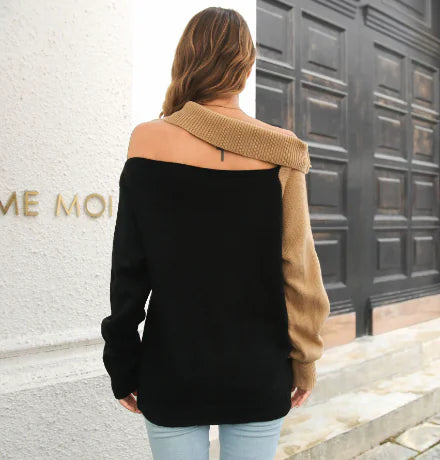 Khaki and Black Off-Shoulder Long Knit Sweater for Women